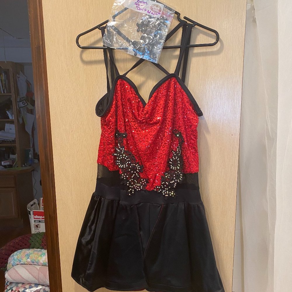 Weissman Red & Black Biketard W/ Back Skirt & Applique Hair Piece